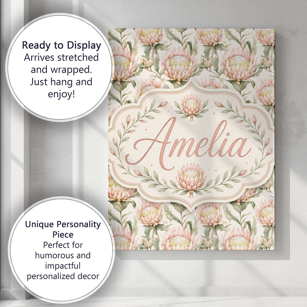 Personalised Name Soft Blush Protea Flowers Custom  Bespoke Interior Contemporary Canvas Wall Art Print Decor Picture Ready to Hang
