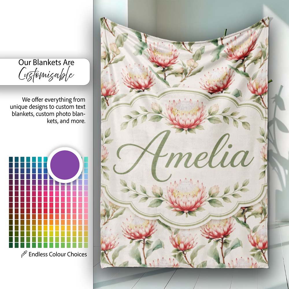 Elegant Pink Protea Botanical Branches Seamless Pattern Lovely  Personalised Custom Name Super Soft Fleece Blanket Bed Sofa Throw