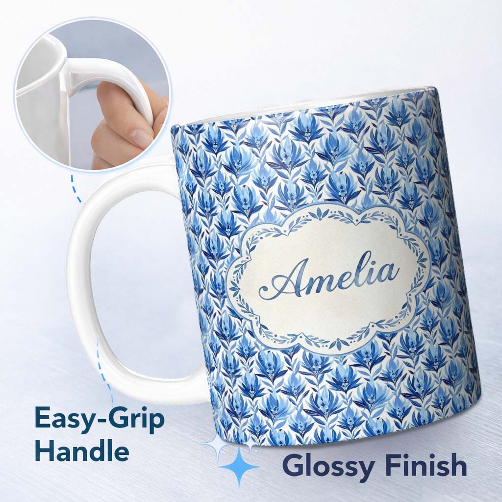 Personalized Custom Name Blue Art Deco Botanical Leaf Repeat Seamless Pattern Lovely 11oz Ceramic Coffee Tea Mug White Large Handle