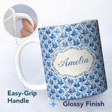 Personalized Custom Name Blue Art Deco Botanical Leaf Repeat Seamless Pattern Lovely 11oz Ceramic Coffee Tea Mug White Large Handle