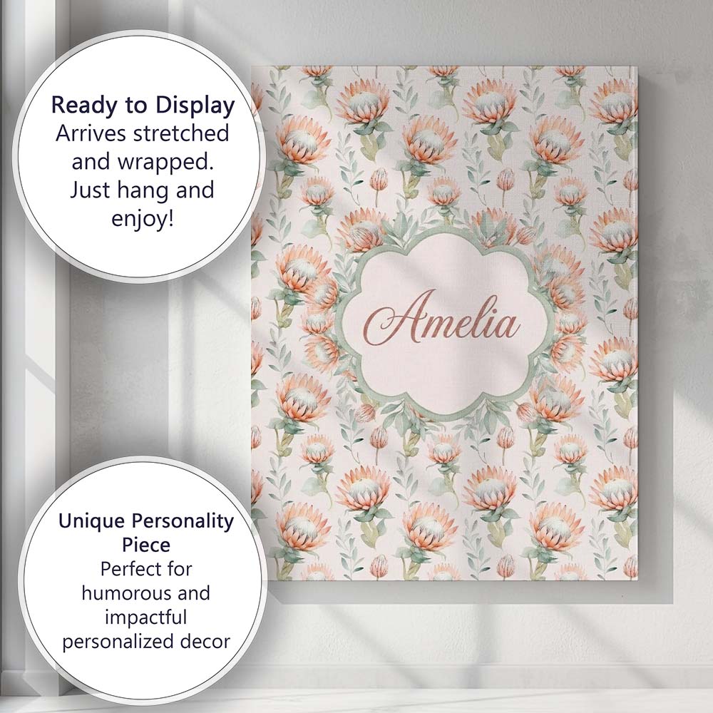 Personalised Name Pastel Protea Flowers Custom  Modern Room Accent Elegant Feature Canvas Wall Art Print Decor Picture Ready to Hang