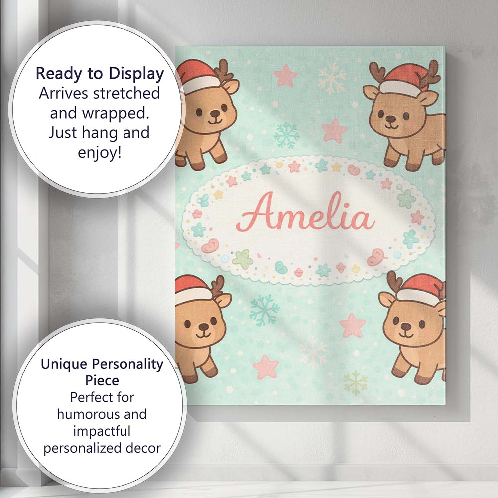 Personalised Name Cute Christmas Reindeer Cartoon Animal Pattern Custom  Interior Canvas Wall Art Print Decor Picture Ready to Hang