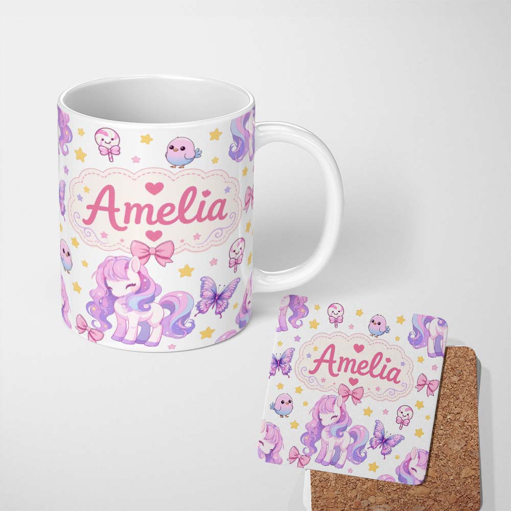 Personalized Custom Name Cute Pastel Unicorn Butterfly Candy Stars Light Grey Background 11oz Ceramic Coffee Tea Mug White Large Handle