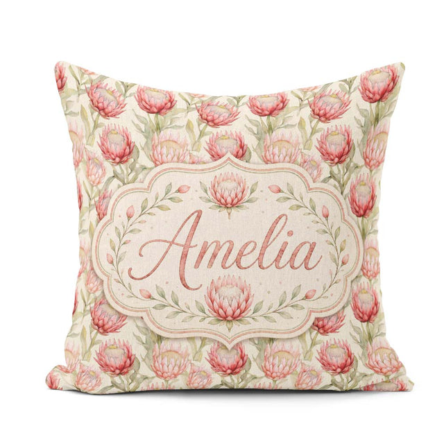 Custom Name Classic Pink Protea Blooms Foliage Seamless Pattern Square Filled Cushion Throw Pillow Sofa Bed Home Decor Zip Washable UK Made
