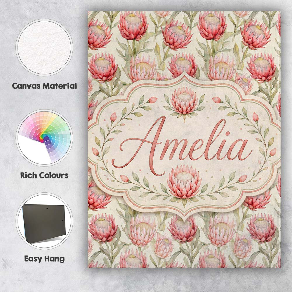 Personalised Name Classic Pink Protea Custom Modern Room Accent Creative Decorator Style Canvas Wall Art Print Decor Picture Ready to Hang