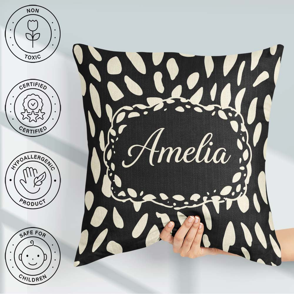Custom Name Scattered Pebble Spots Black Cream Irregular Pattern Square Filled Cushion Throw Pillow Sofa Bed Home Decor Zip Washable UK Made