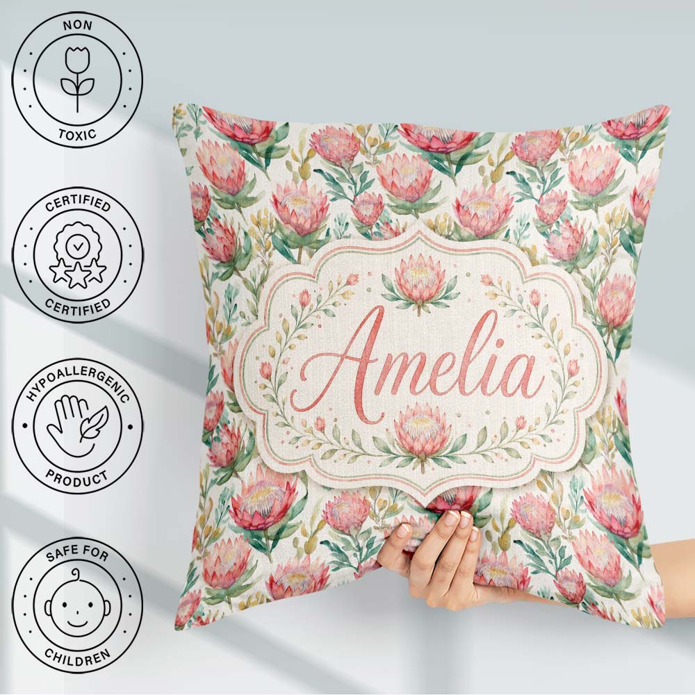 Custom Name Delicate Protea Bouquet Watercolor Seamless Pattern Square Filled Cushion Throw Pillow Sofa Bed Home Decor Zip Washable UK Made