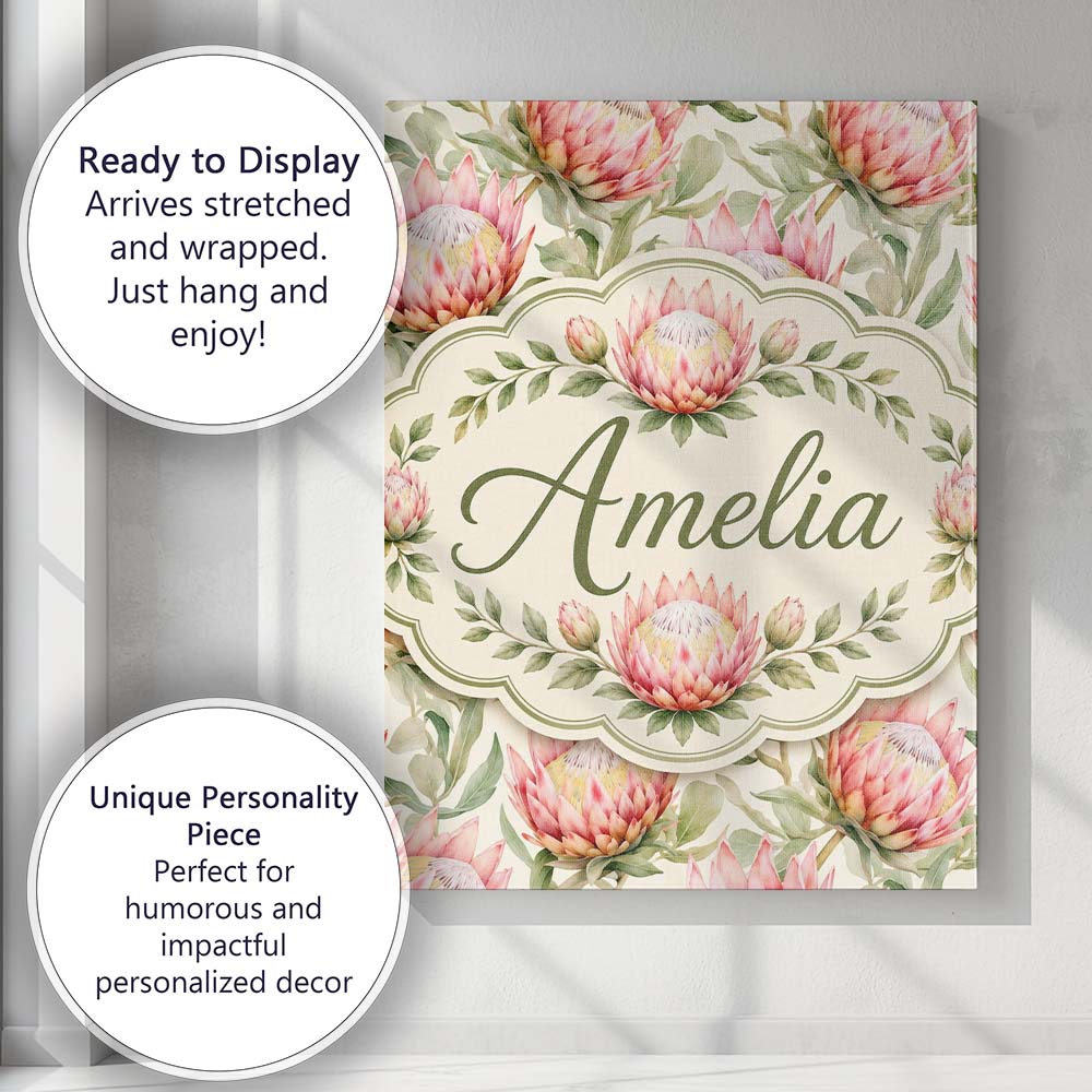 Personalised Name Soft Pink Protea Flowers Custom  Unique Gift Idea Elegant Feature Canvas Wall Art Print Decor Picture Ready to Hang