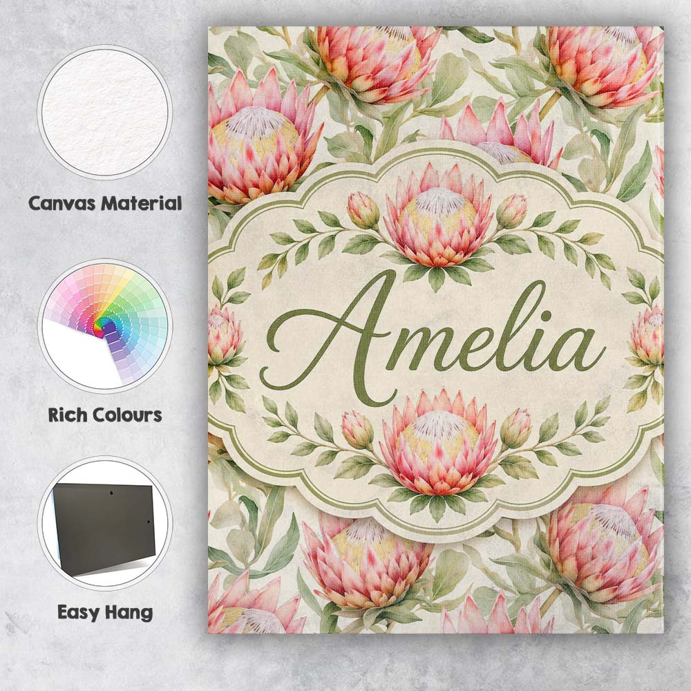 Personalised Name Soft Pink Protea Flowers Custom  Unique Gift Idea Elegant Feature Canvas Wall Art Print Decor Picture Ready to Hang
