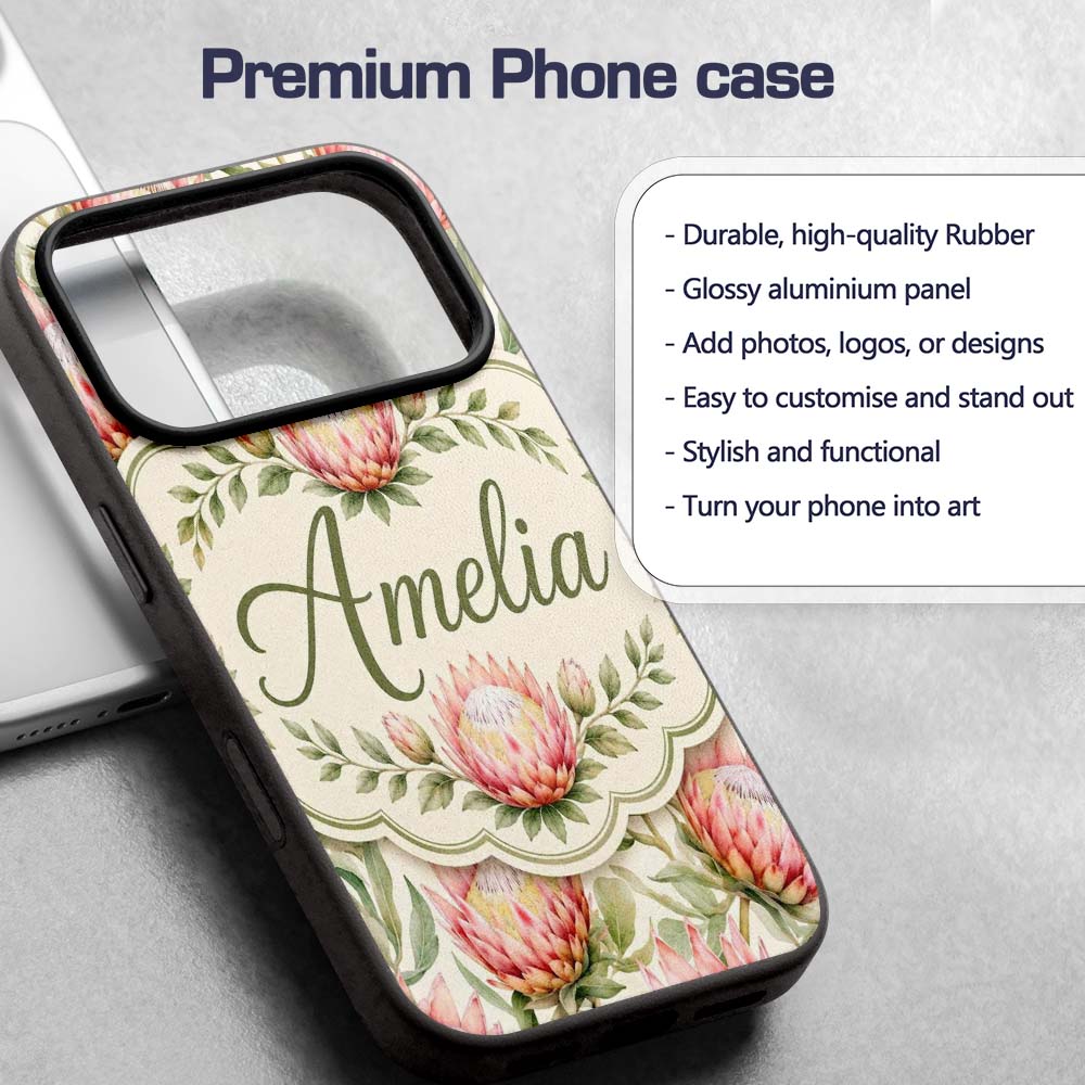 Soft Pink Protea Flowers and Green Printed Design Custom Name Protective Phone Case Mobile Cover Durable Everyday Smartphone Shock Resistant