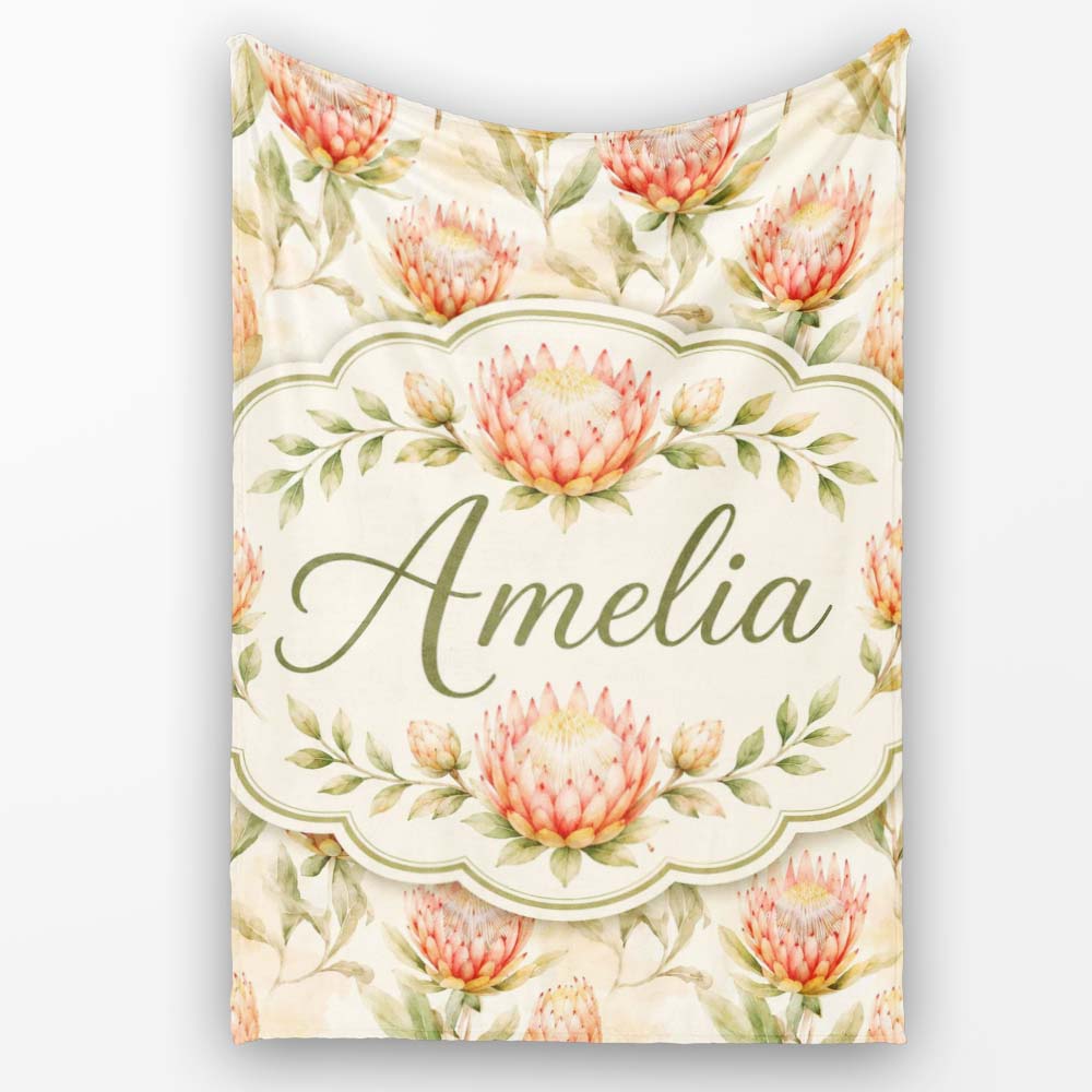 Light Peach Protea Botanical Illustration Seamless Pattern Lovely  Personalised Custom Name Super Soft Fleece Blanket Bed Sofa Throw