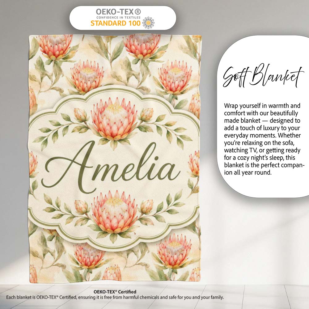 Light Peach Protea Botanical Illustration Seamless Pattern Lovely  Personalised Custom Name Super Soft Fleece Blanket Bed Sofa Throw
