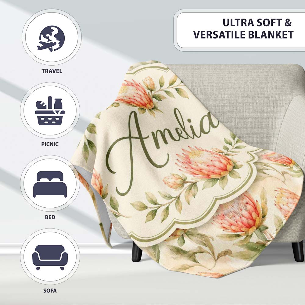 Light Peach Protea Botanical Illustration Seamless Pattern Lovely  Personalised Custom Name Super Soft Fleece Blanket Bed Sofa Throw