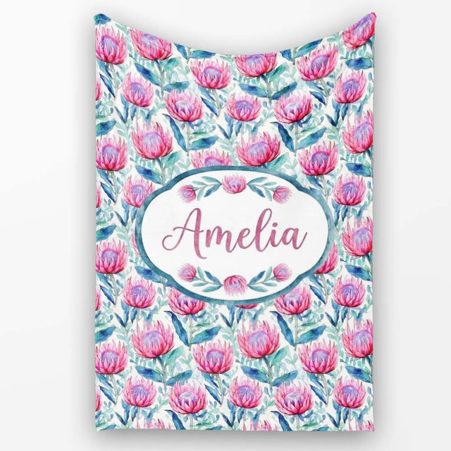 Bright Pink Protea Flowers with Blue Green Leaves Seamless Pattern  Personalised Custom Name Super Soft Fleece Blanket Bed Sofa Throw