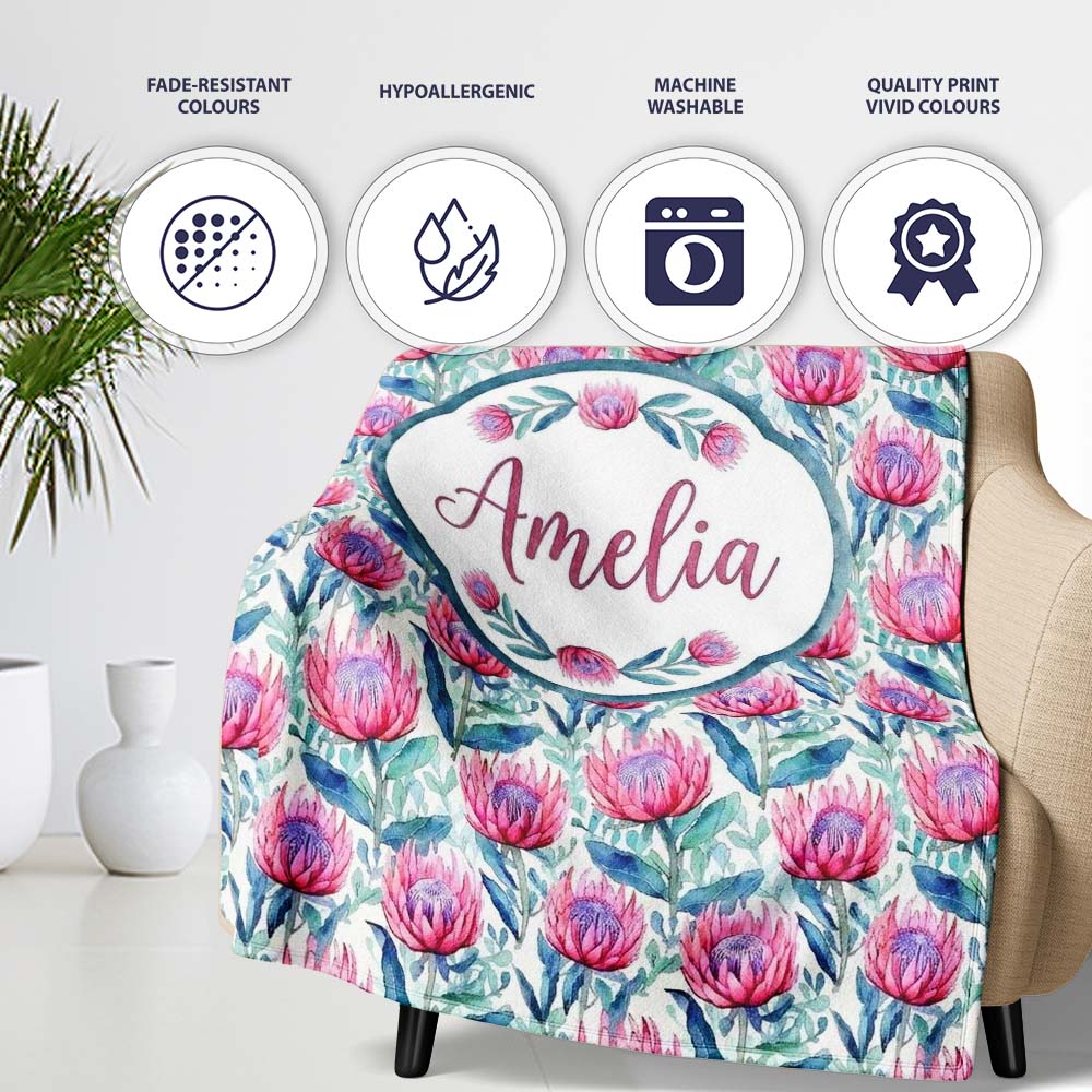 Bright Pink Protea Flowers with Blue Green Leaves Seamless Pattern  Personalised Custom Name Super Soft Fleece Blanket Bed Sofa Throw