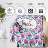 Bright Pink Protea Flowers with Blue Green Leaves Seamless Pattern  Personalised Custom Name Super Soft Fleece Blanket Bed Sofa Throw