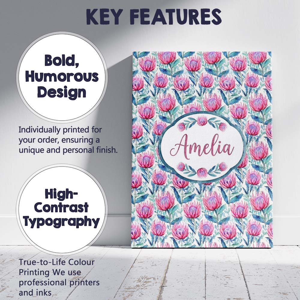Personalised Name Bright Pink Protea Custom Premium Decorative Design Modern Room Accent Canvas Wall Art Print Decor Picture Ready to Hang