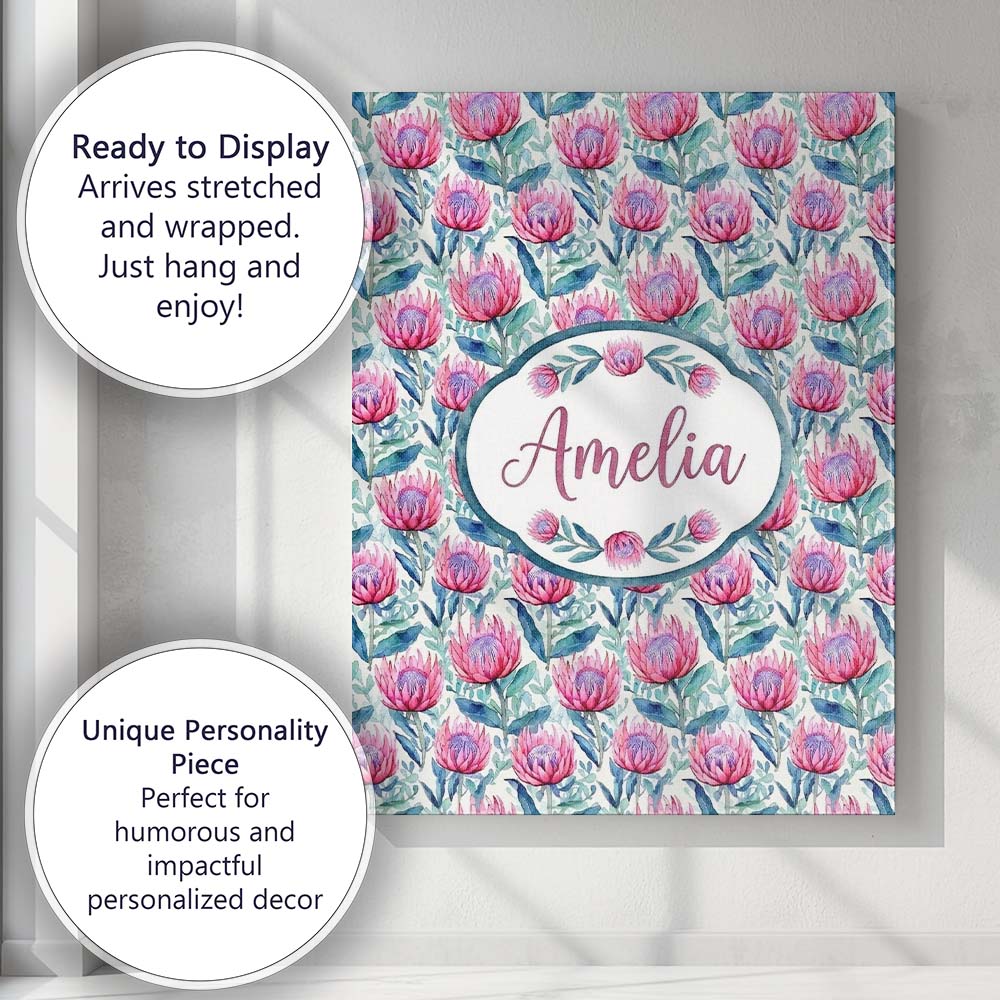 Personalised Name Bright Pink Protea Custom Premium Decorative Design Modern Room Accent Canvas Wall Art Print Decor Picture Ready to Hang