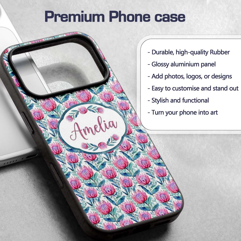 Bright Pink Protea Flowers with Blue Green Leaves Custom Name Protective Phone Case Mobile Cover Durable Everyday Smartphone Shock Resistant