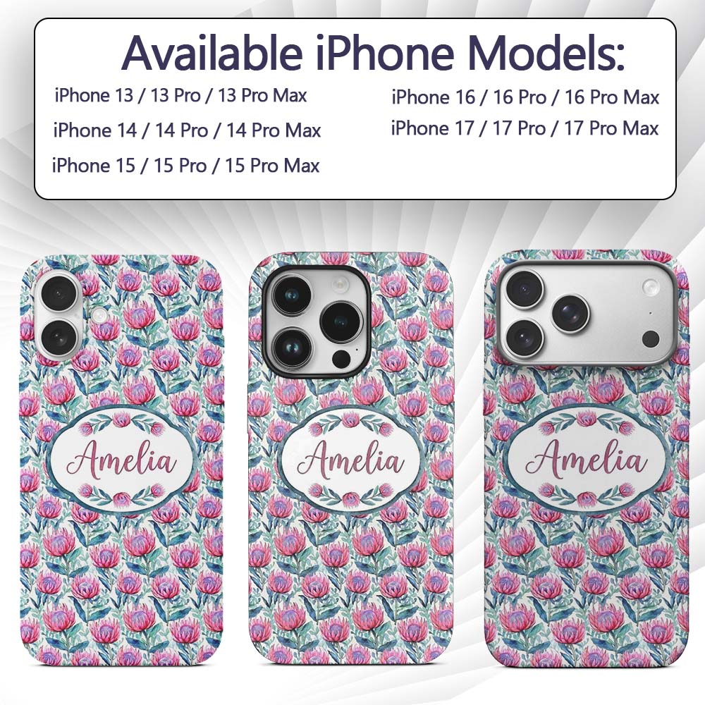 Bright Pink Protea Flowers with Blue Green Leaves Custom Name Protective Phone Case Mobile Cover Durable Everyday Smartphone Shock Resistant