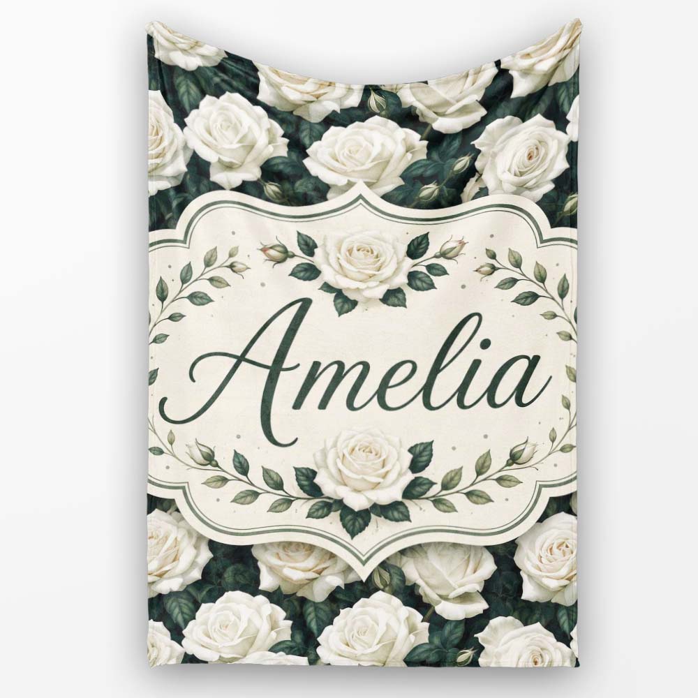 Elegant White Roses with Deep Green Leaves Seamless Pattern Lovely  Personalised Custom Name Super Soft Fleece Blanket Bed Sofa Throw