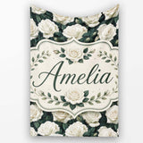 Elegant White Roses with Deep Green Leaves Seamless Pattern Lovely  Personalised Custom Name Super Soft Fleece Blanket Bed Sofa Throw