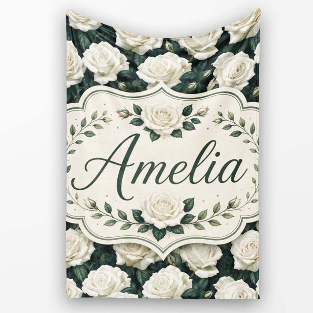 Elegant White Roses with Deep Green Leaves Seamless Pattern Lovely  Personalised Custom Name Super Soft Fleece Blanket Bed Sofa Throw