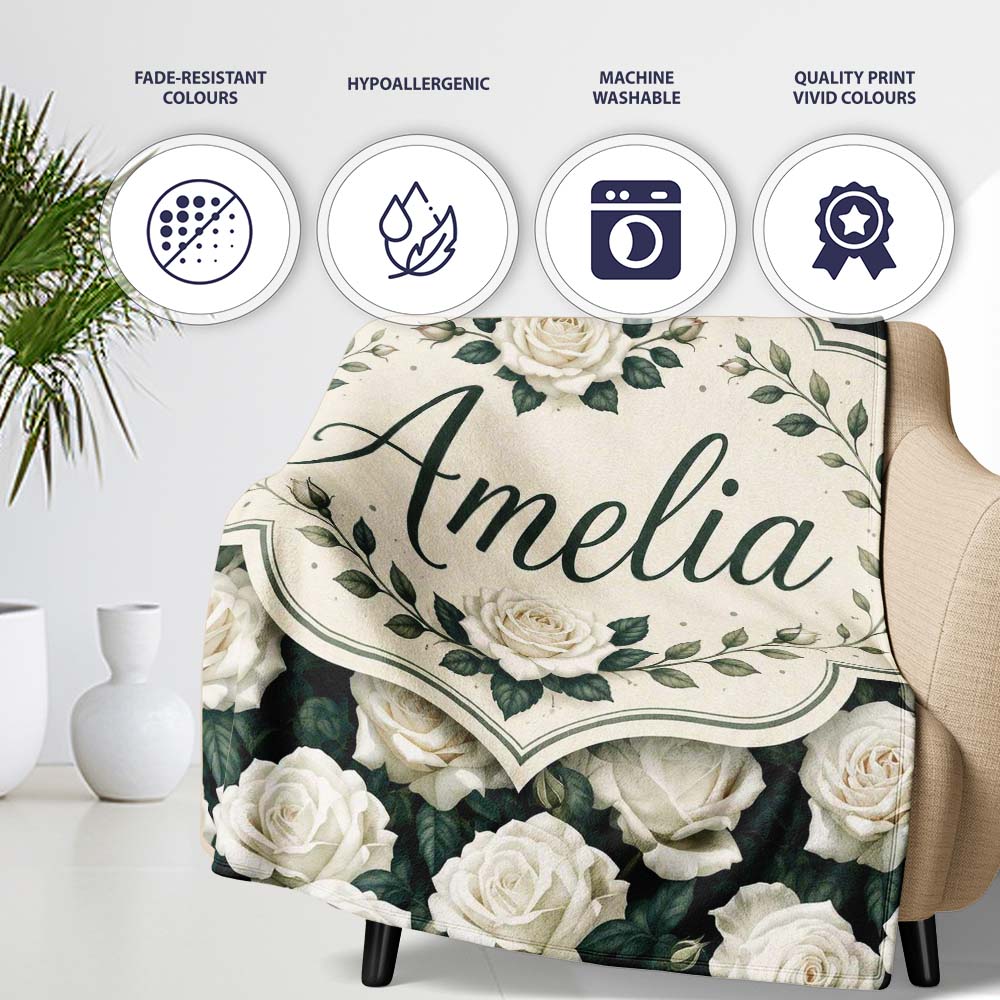 Elegant White Roses with Deep Green Leaves Seamless Pattern Lovely  Personalised Custom Name Super Soft Fleece Blanket Bed Sofa Throw