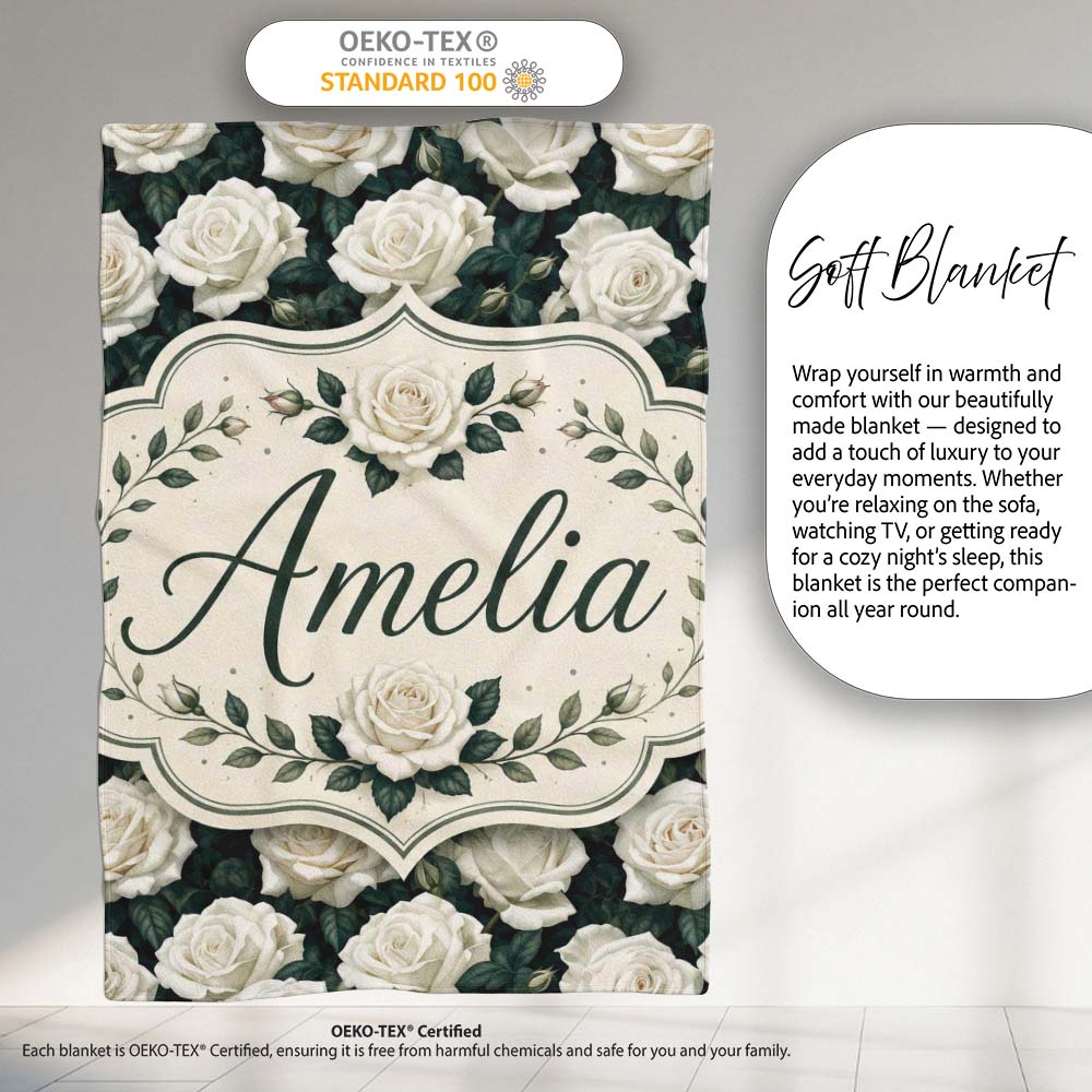 Elegant White Roses with Deep Green Leaves Seamless Pattern Lovely  Personalised Custom Name Super Soft Fleece Blanket Bed Sofa Throw