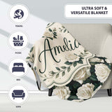Elegant White Roses with Deep Green Leaves Seamless Pattern Lovely  Personalised Custom Name Super Soft Fleece Blanket Bed Sofa Throw