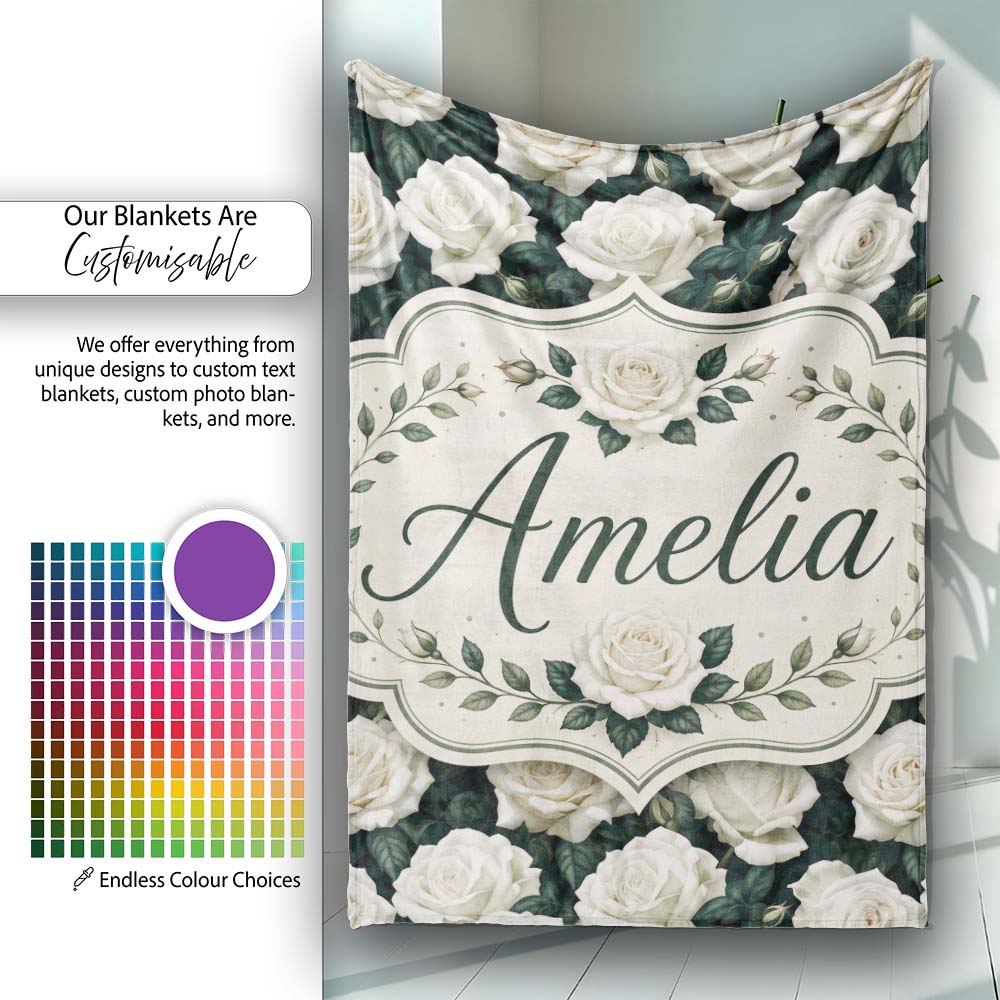 Elegant White Roses with Deep Green Leaves Seamless Pattern Lovely  Personalised Custom Name Super Soft Fleece Blanket Bed Sofa Throw