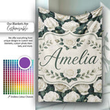 Elegant White Roses with Deep Green Leaves Seamless Pattern Lovely  Personalised Custom Name Super Soft Fleece Blanket Bed Sofa Throw