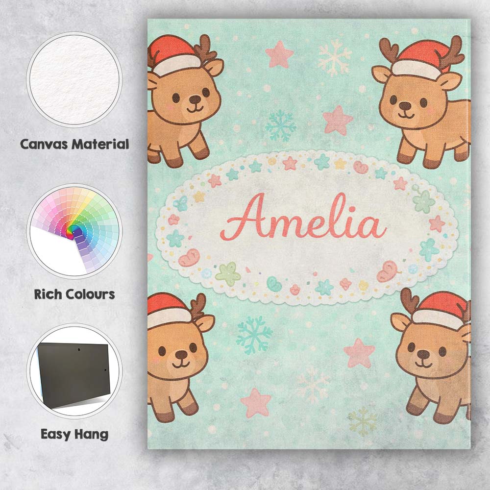 Personalised Name Cute Christmas Reindeer Cartoon Animal Pattern Custom  Interior Canvas Wall Art Print Decor Picture Ready to Hang