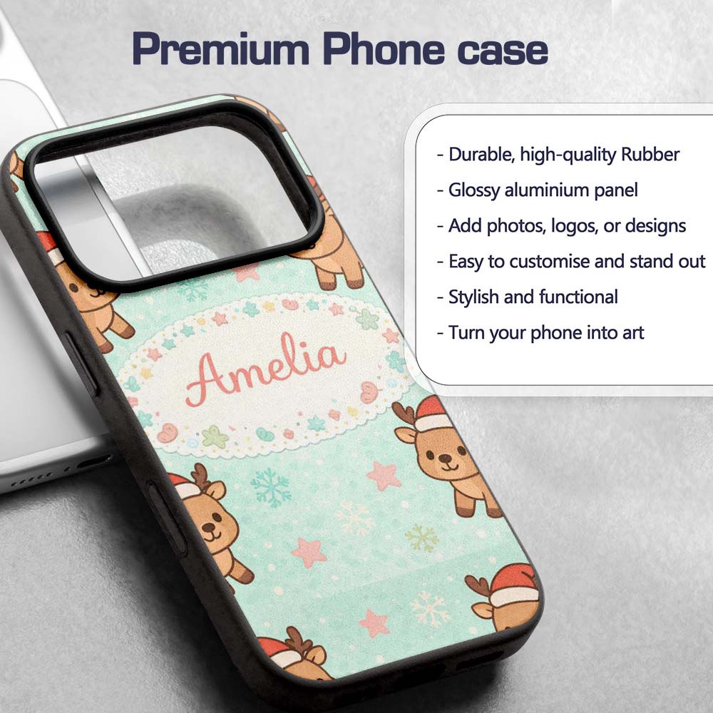Cute Christmas Reindeer Cartoon Animal Pattern Custom Name Protective Phone Case Mobile Cover Durable Everyday Smartphone Shock Resistant