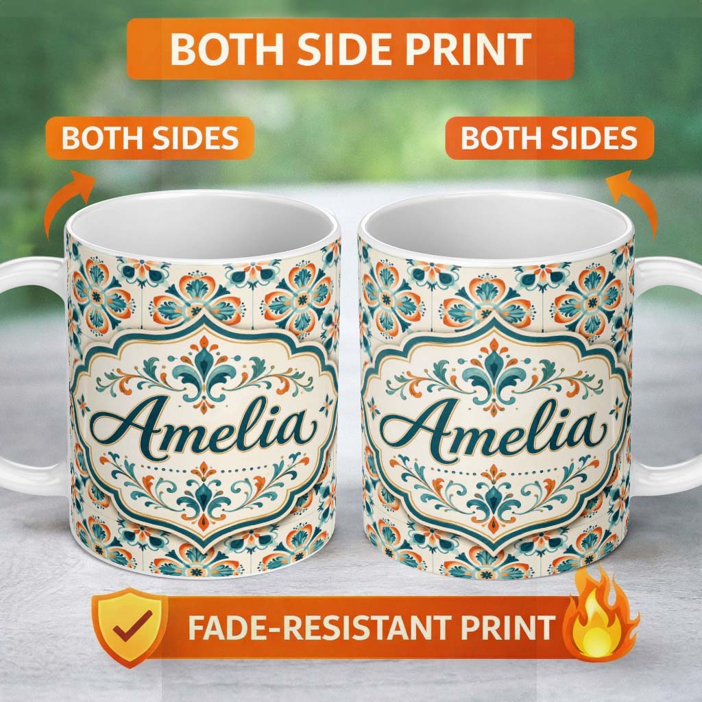 Personalized Custom Name Decorative Floral Tile Pattern Teal Orange and Cream Seamless Lovely 11oz Ceramic Coffee Tea Mug White Large Handle