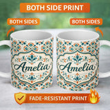 Personalized Custom Name Decorative Floral Tile Pattern Teal Orange and Cream Seamless Lovely 11oz Ceramic Coffee Tea Mug White Large Handle