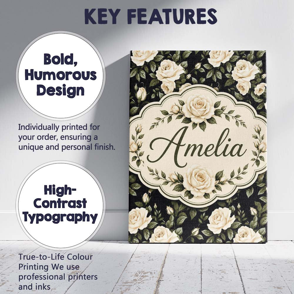 Personalised Name Classic White Rose Floral Custom  Bespoke Interior Contemporary Canvas Wall Art Print Decor Picture Ready to Hang