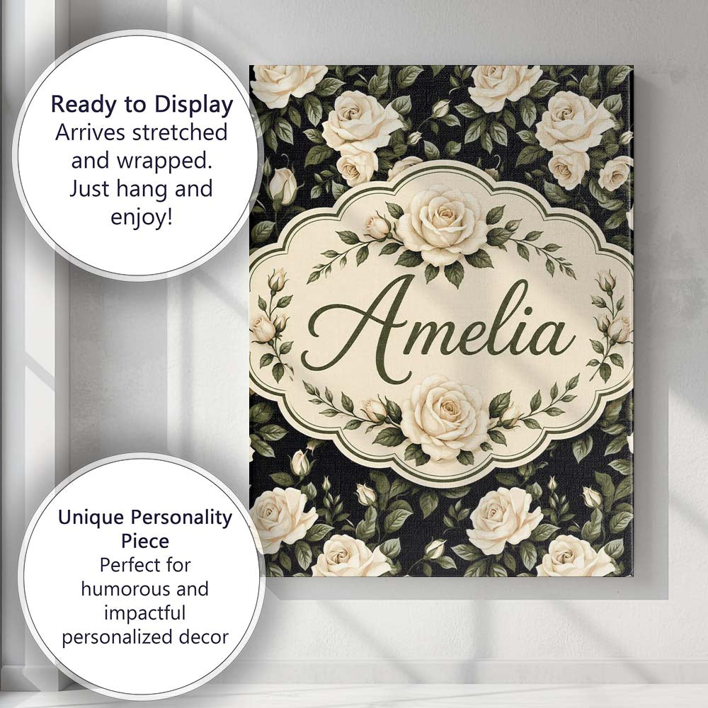 Personalised Name Classic White Rose Floral Custom  Bespoke Interior Contemporary Canvas Wall Art Print Decor Picture Ready to Hang
