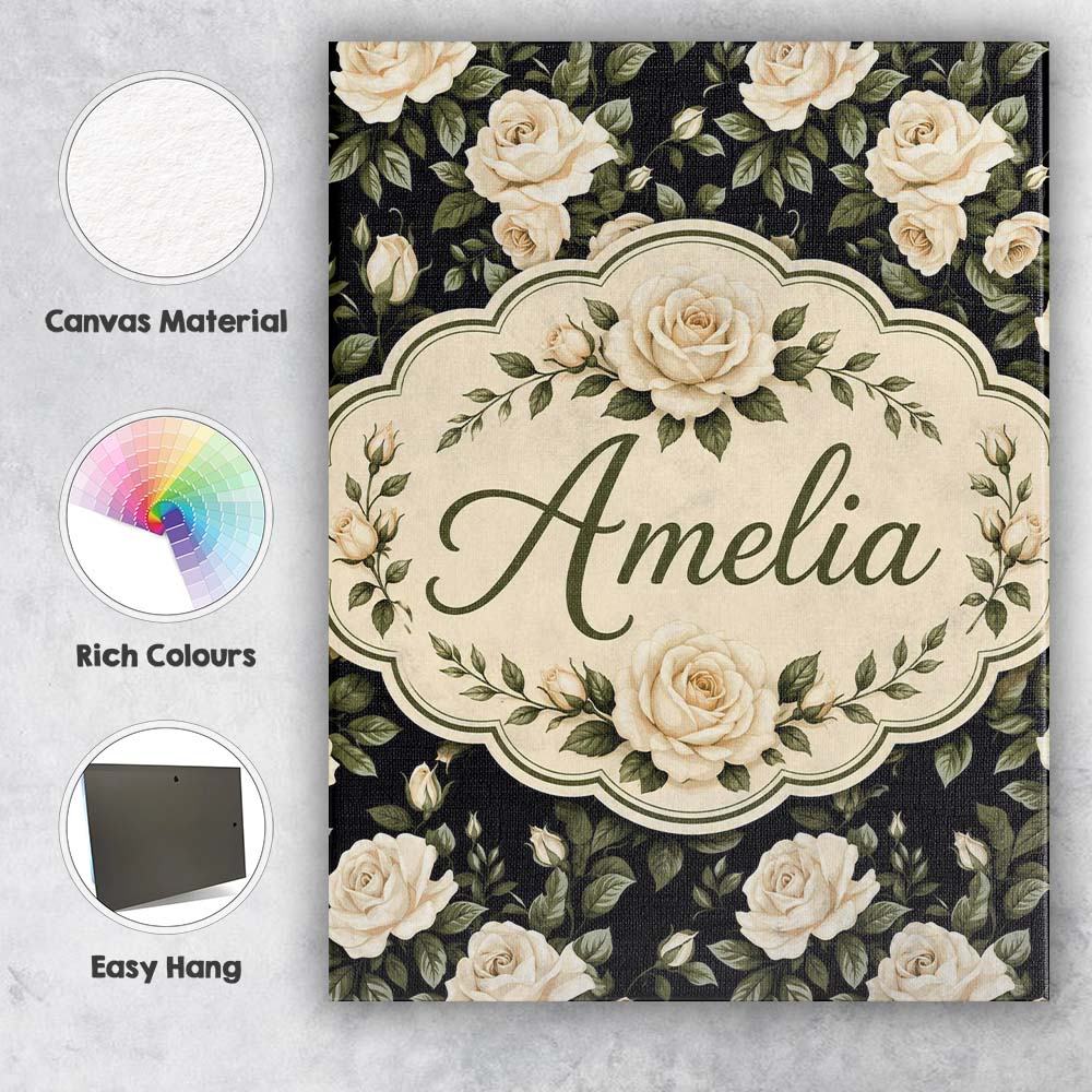 Personalised Name Classic White Rose Floral Custom  Bespoke Interior Contemporary Canvas Wall Art Print Decor Picture Ready to Hang
