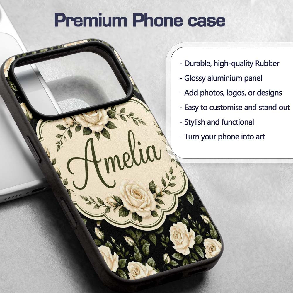 Classic White Rose Floral Pattern Printed Design Custom Name Protective Phone Case Mobile Cover Durable Everyday Smartphone Shock Resistant