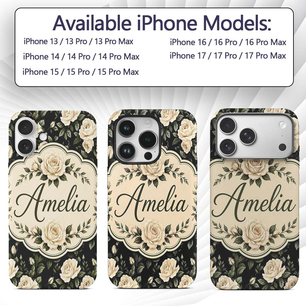 Classic White Rose Floral Pattern Printed Design Custom Name Protective Phone Case Mobile Cover Durable Everyday Smartphone Shock Resistant