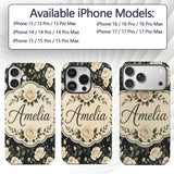 Classic White Rose Floral Pattern Printed Design Custom Name Protective Phone Case Mobile Cover Durable Everyday Smartphone Shock Resistant