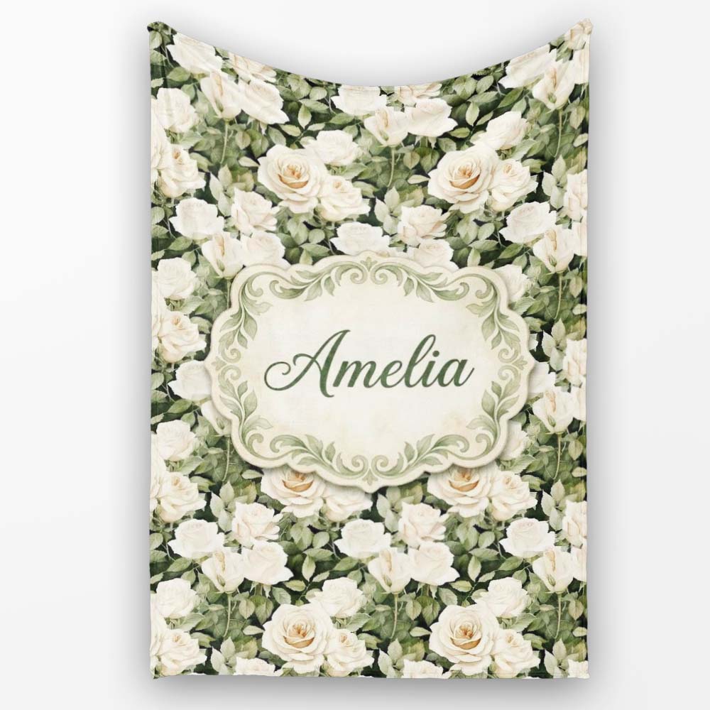 Cream White Roses with Soft Green Foliage Seamless Pattern Lovely  Personalised Custom Name Super Soft Fleece Blanket Bed Sofa Throw