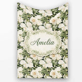 Cream White Roses with Soft Green Foliage Seamless Pattern Lovely  Personalised Custom Name Super Soft Fleece Blanket Bed Sofa Throw