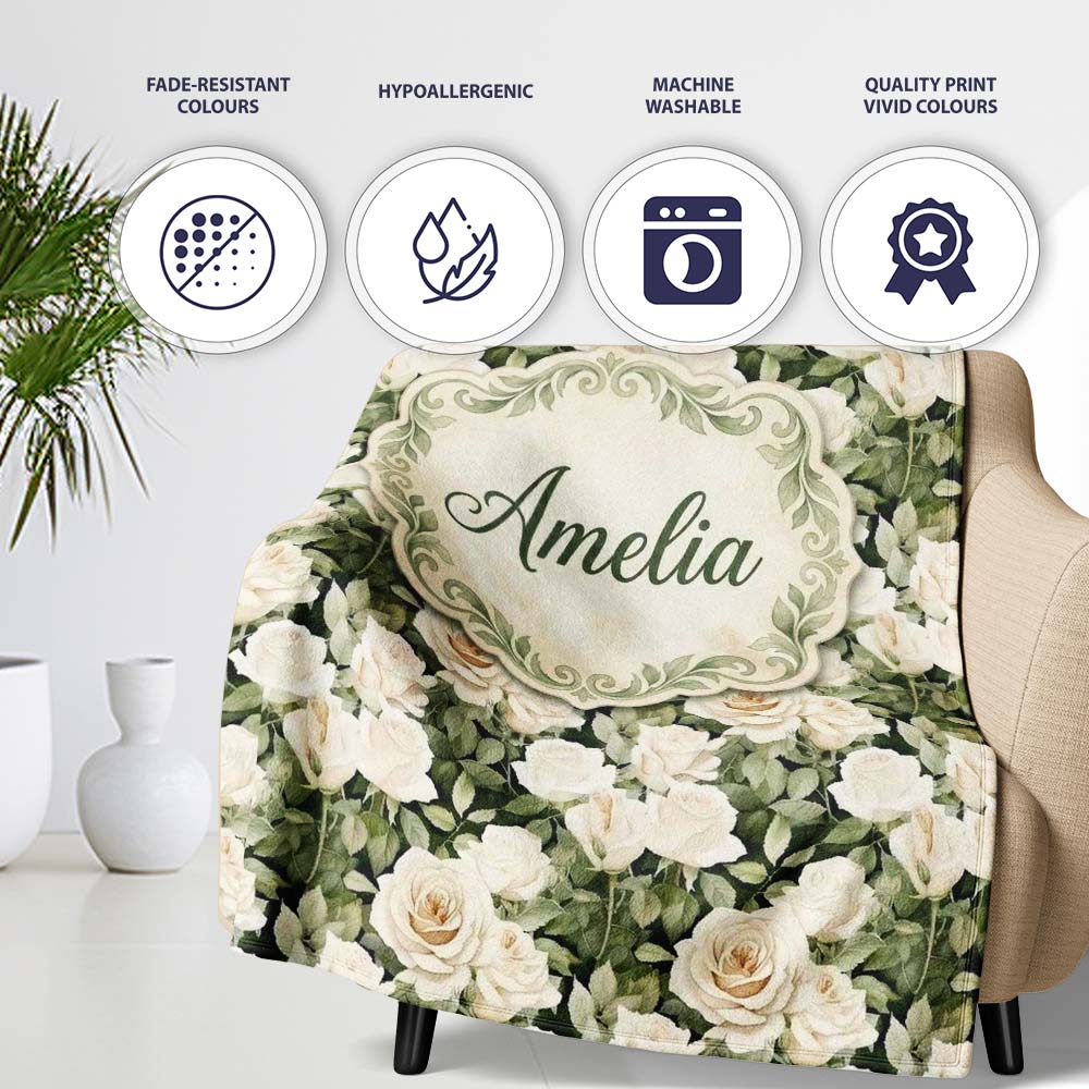 Cream White Roses with Soft Green Foliage Seamless Pattern Lovely  Personalised Custom Name Super Soft Fleece Blanket Bed Sofa Throw