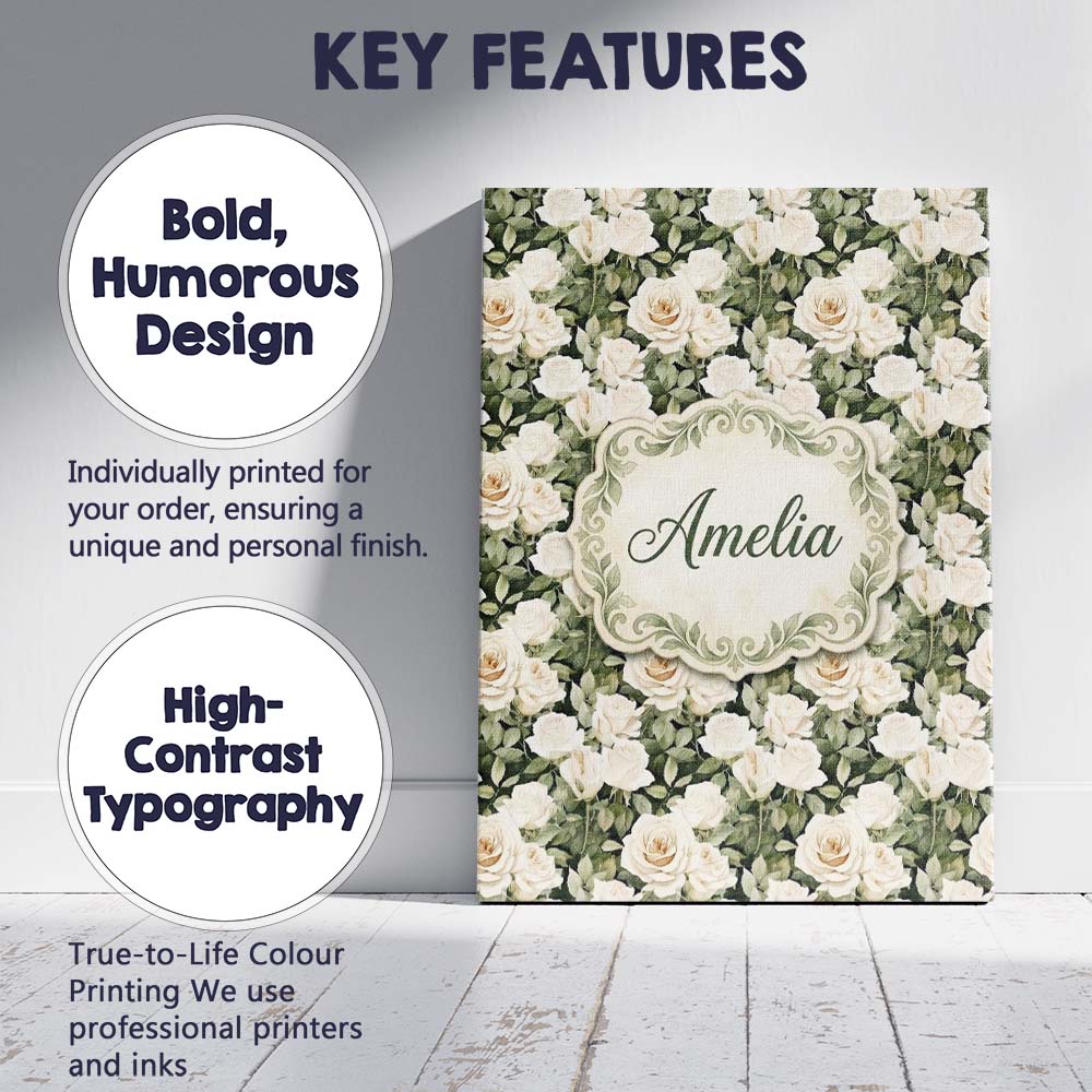 Personalised Name Cream White Roses with Custom  Unique Gift Idea Elegant Feature Canvas Wall Art Print Decor Picture Ready to Hang