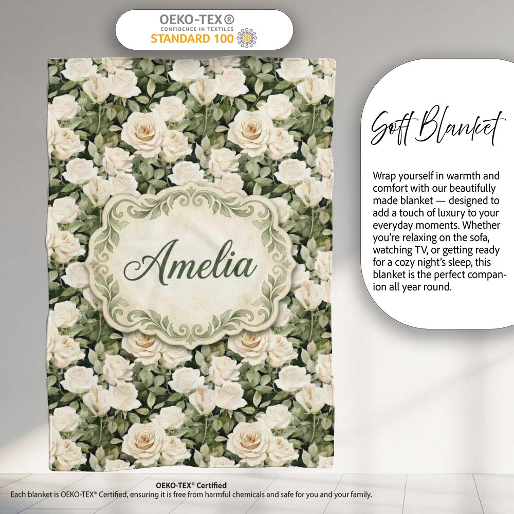 Cream White Roses with Soft Green Foliage Seamless Pattern Lovely  Personalised Custom Name Super Soft Fleece Blanket Bed Sofa Throw