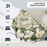 Cream White Roses with Soft Green Foliage Seamless Pattern Lovely  Personalised Custom Name Super Soft Fleece Blanket Bed Sofa Throw