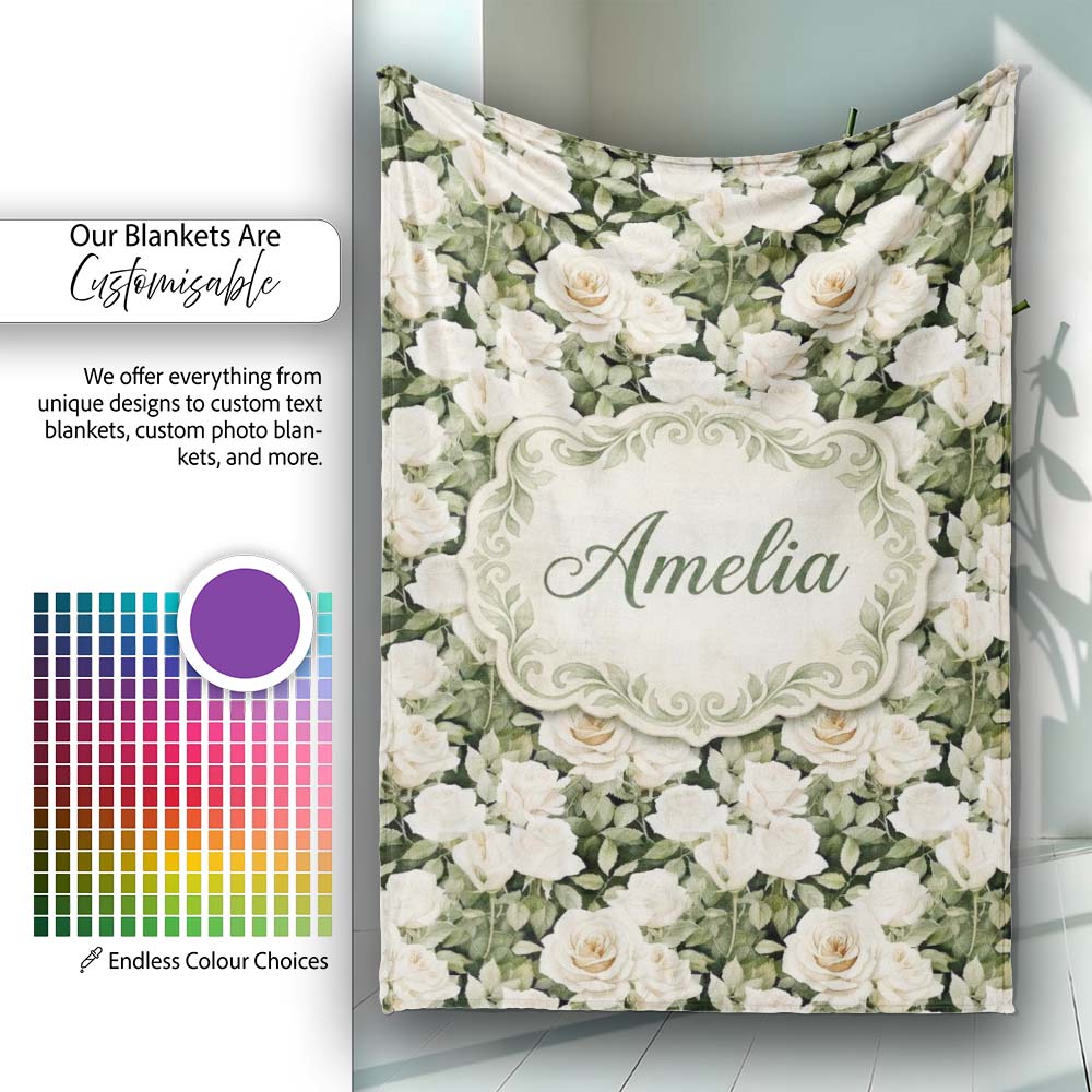 Cream White Roses with Soft Green Foliage Seamless Pattern Lovely  Personalised Custom Name Super Soft Fleece Blanket Bed Sofa Throw