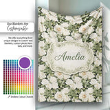 Cream White Roses with Soft Green Foliage Seamless Pattern Lovely  Personalised Custom Name Super Soft Fleece Blanket Bed Sofa Throw